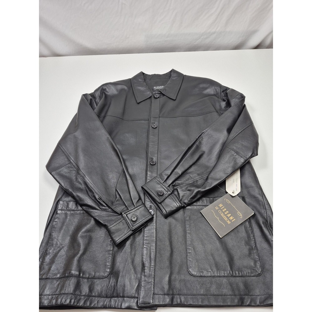 Missani Le Collezioni Coat Mens L Black Leather Collared Lined Pockets